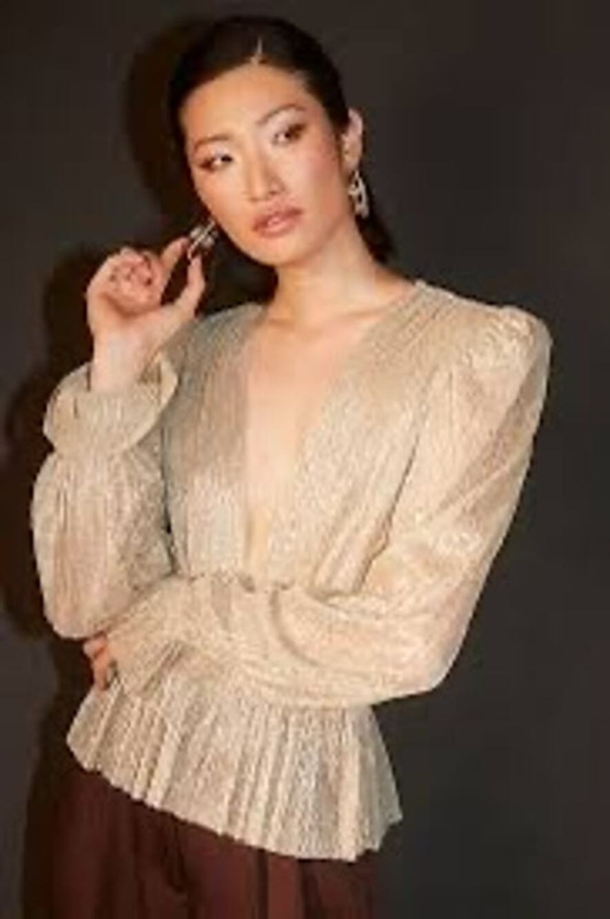 Sabina Musayev Womens Long Sleeve V Neck Sequin Sheer Top Brown Size XS
